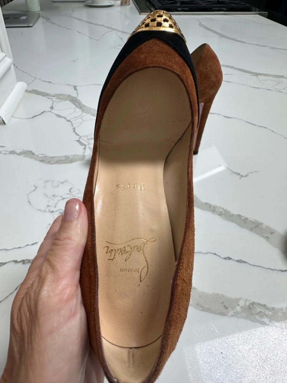 Christian Louboutin Suede Black and Camel Brown Heels Gold Toe 36 Sz